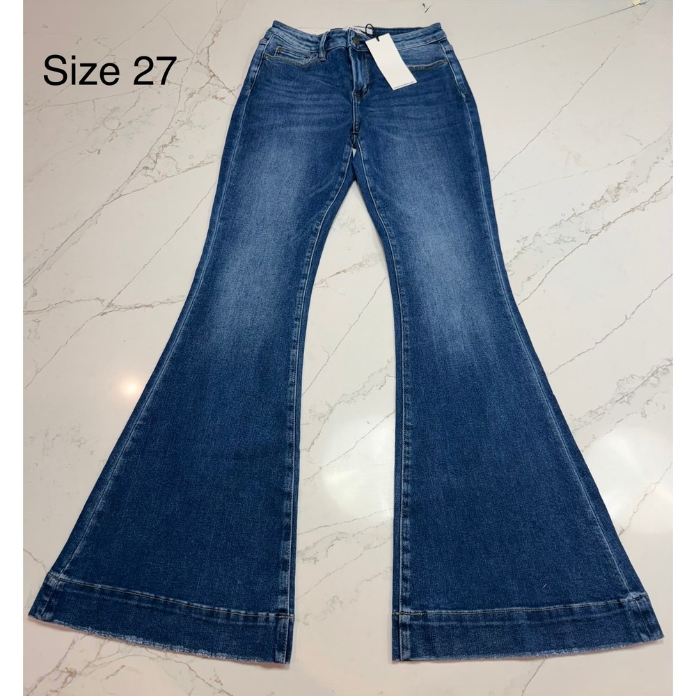 Mica Denim High Rise Flare Jeans Medium Wash Raw Hem Size 27 Bell Bottoms NWT